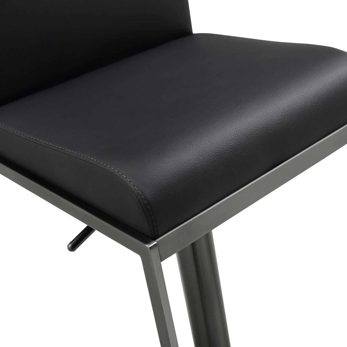 Smooth black vegan leather and neat stitched seams add a tailored finish to the padded seat.