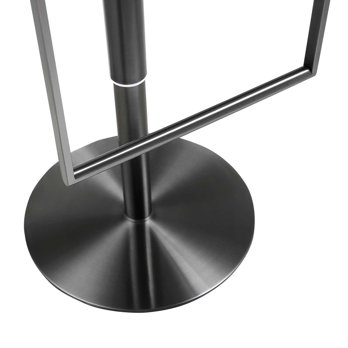 A round dark gray metal base anchors the stool beneath its slim rectangular footrest.