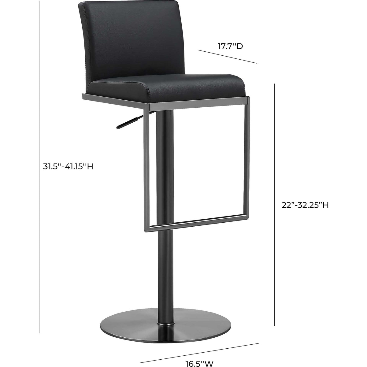 An adjustable seat height of 22 to 32.25 inches offers flexible seating at a counter or bar.