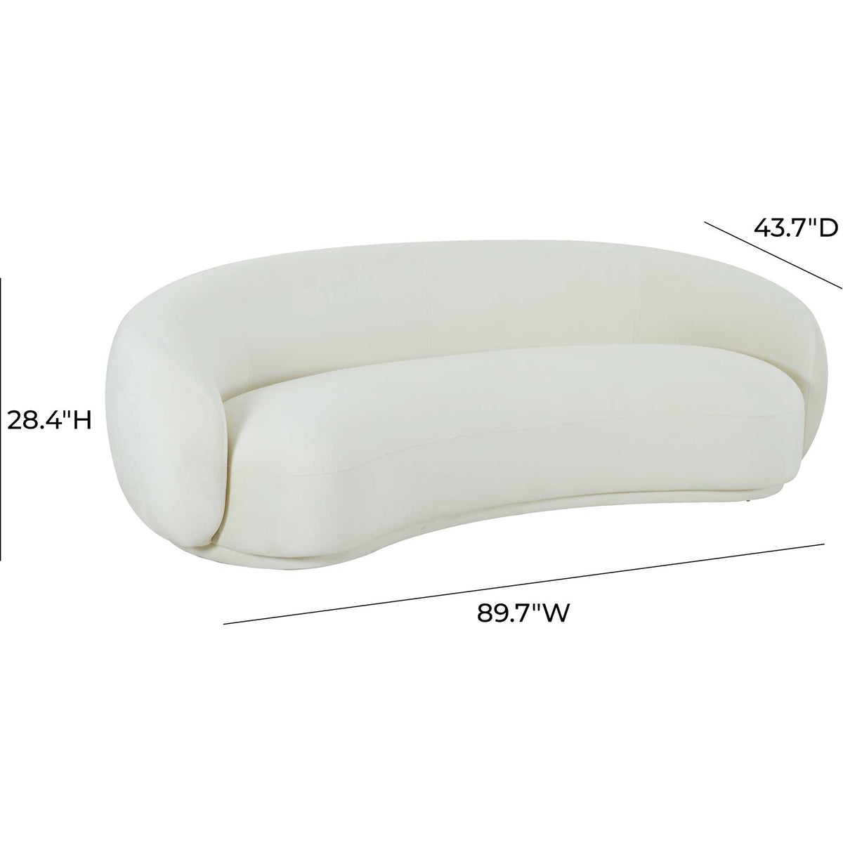 An 89.7-inch-wide cream velvet sofa balances generous seating with a low, flowing silhouette