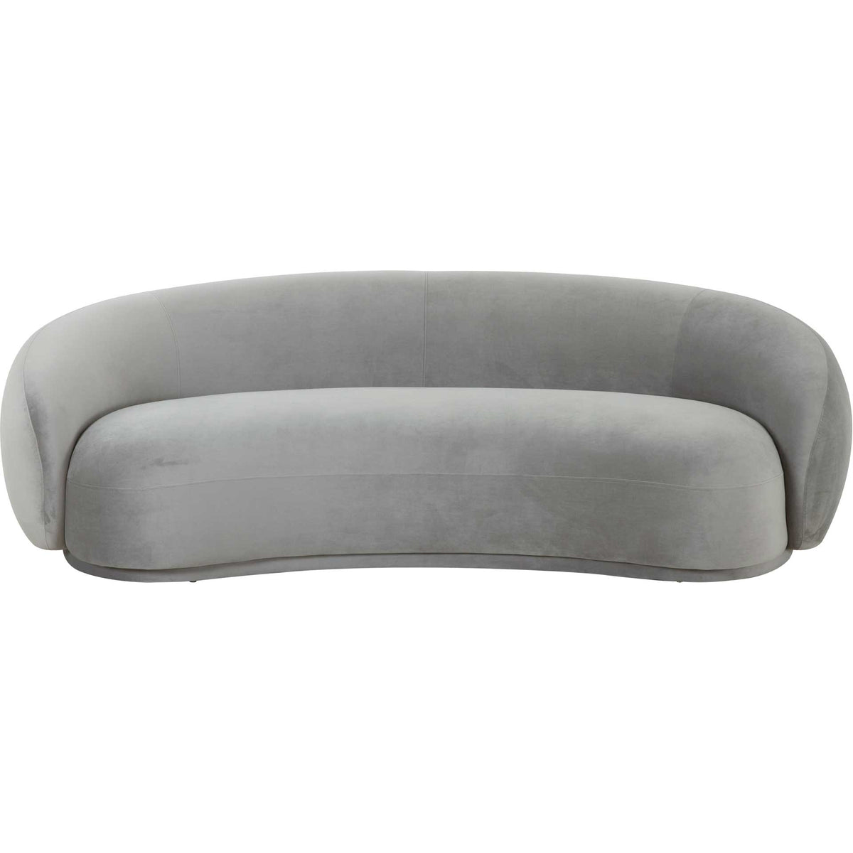 A low curved back and continuous seat bring relaxed elegance to this light gray velvet sofa || TOV-L44180 || front_studio