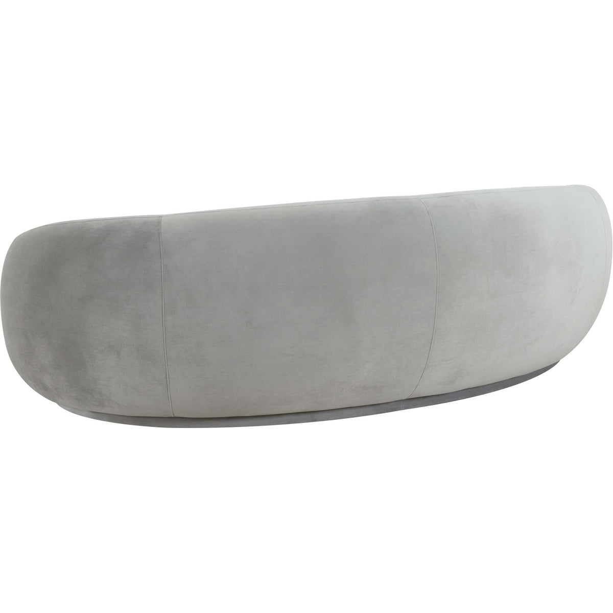 Tailored seams add quiet definition to the smooth, rounded back of this light gray velvet sofa