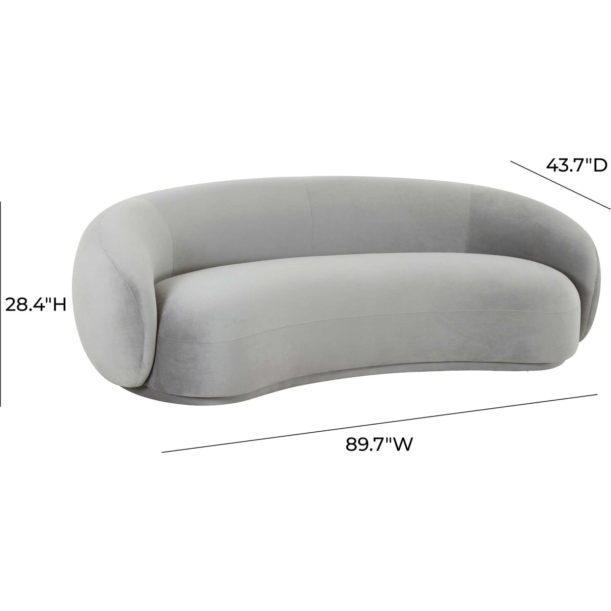 At 89.7 inches wide, this light gray velvet sofa combines generous seating with rounded contours