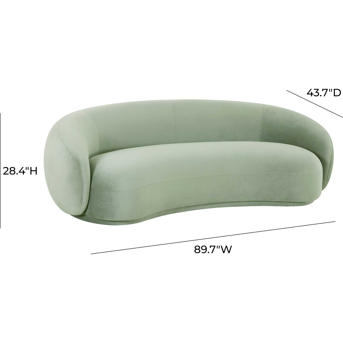 An 89.7-inch-wide moss green velvet sofa brings spacious seating and soft curves to modern interiors