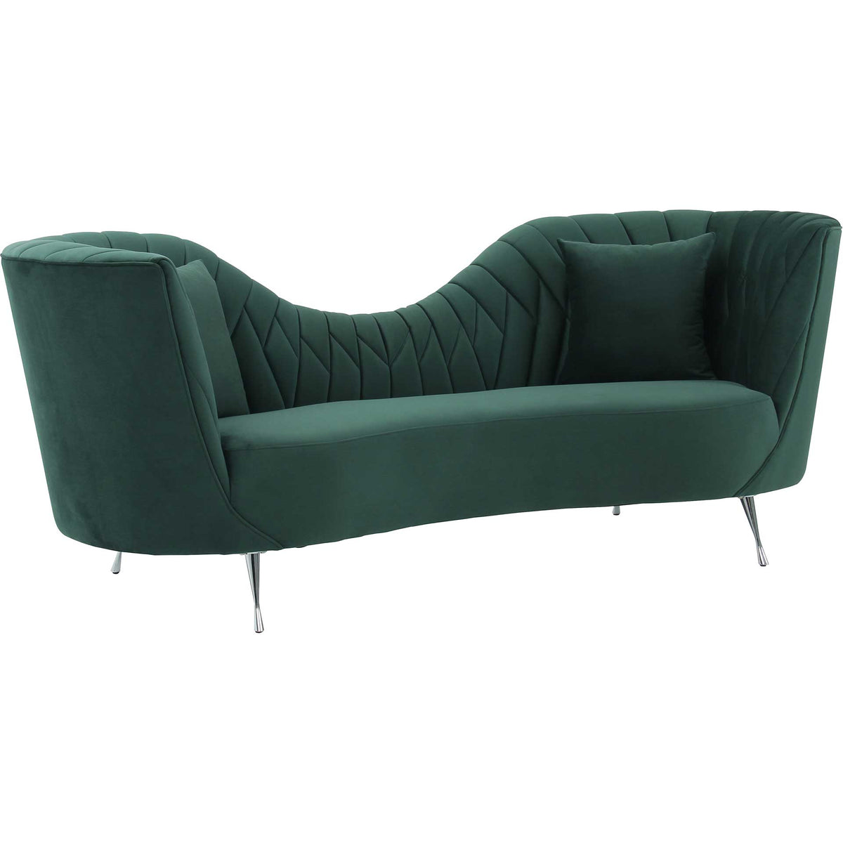 Forest green velvet sofa pairs sculpted arms with geometric stitching and slender silver legs. || TOV-L6492 || front_angle_studio