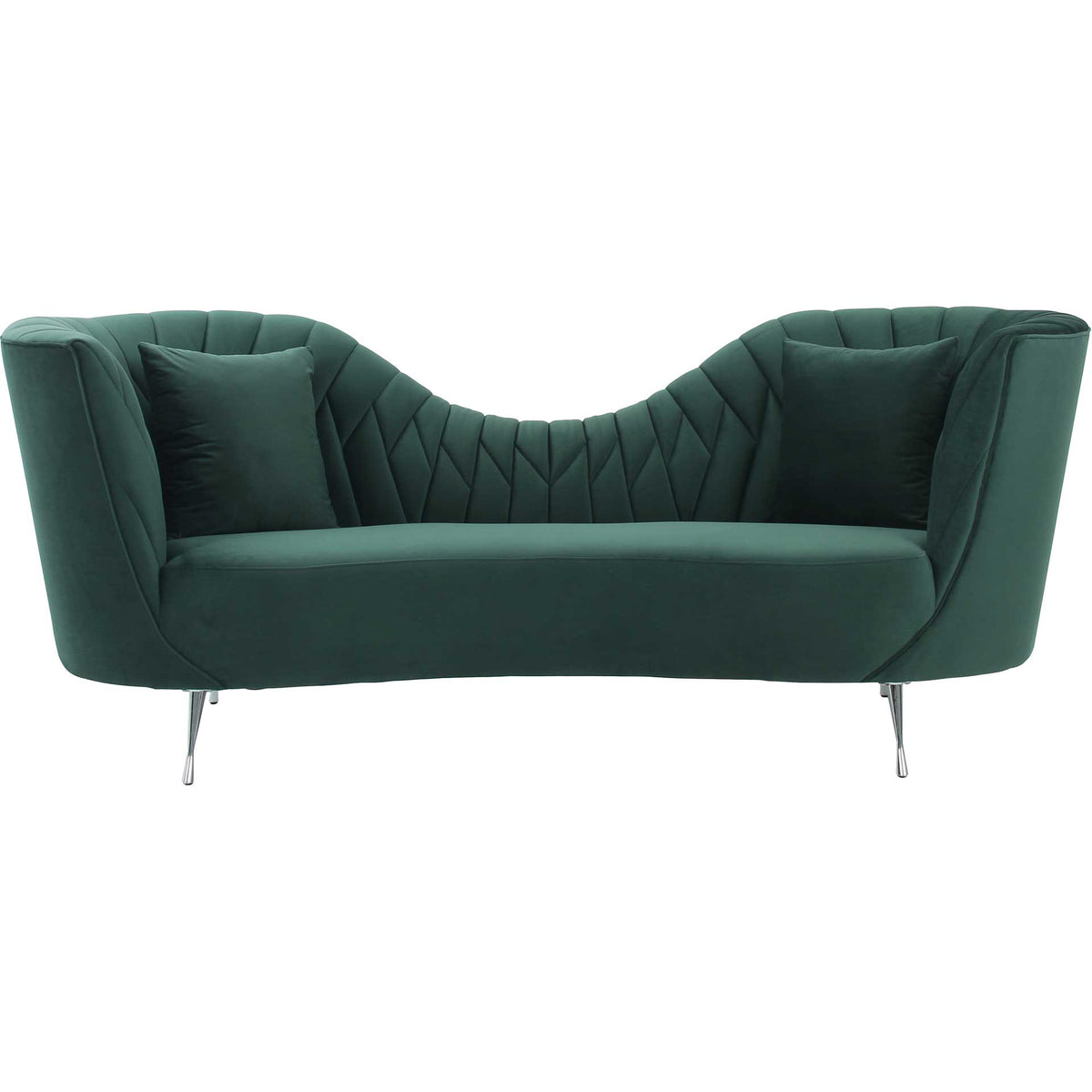 A sweeping low back and two matching pillows bring plush comfort to this forest green velvet sofa. || TOV-L6492 || front_studio