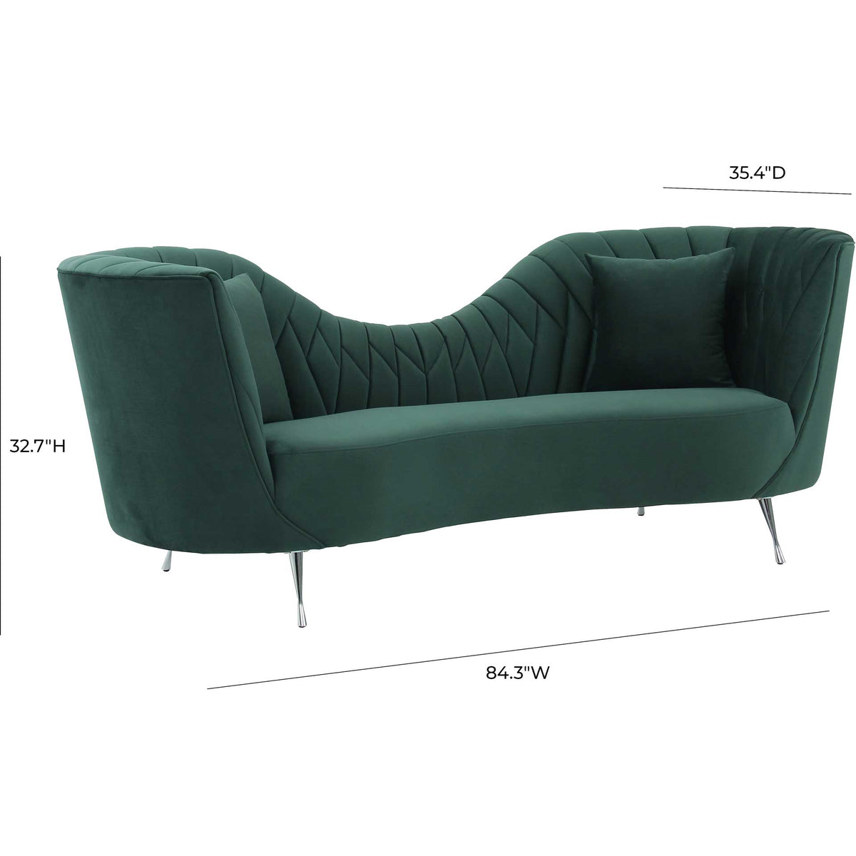 An 84.3-inch-wide forest green velvet sofa combines a curved back with a continuous cushioned seat.