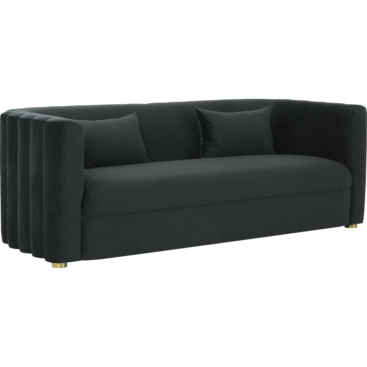Black velvet sofa with sculpted channels, curved arms, and two matching pillows || TOV-L68109 || front_angle_studio