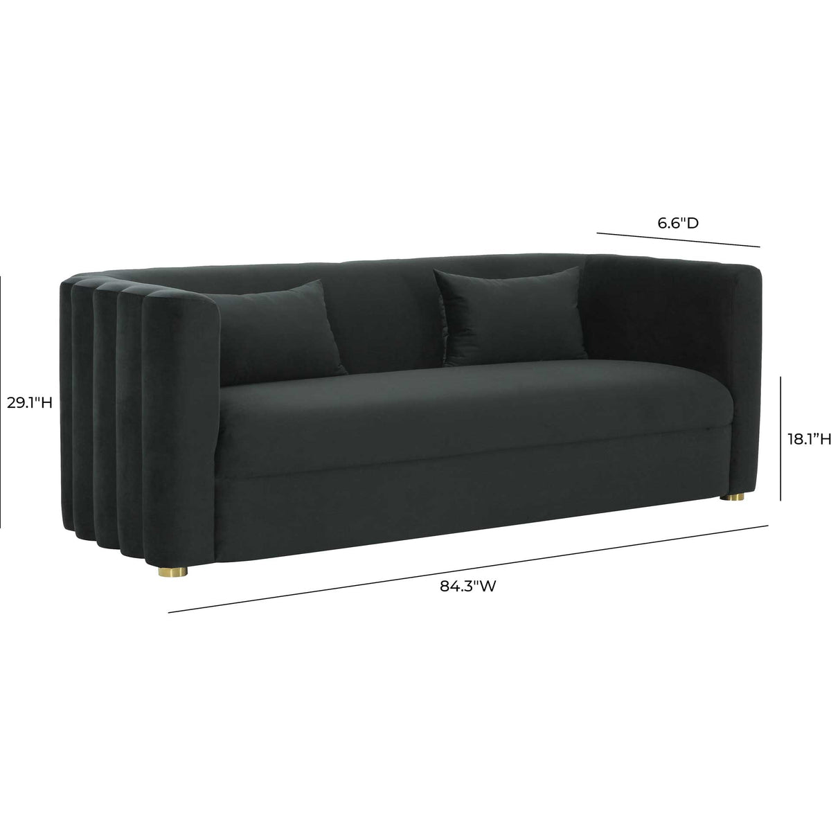 An 84.3-inch-wide black velvet sofa brings generous seating and a graceful curved silhouette