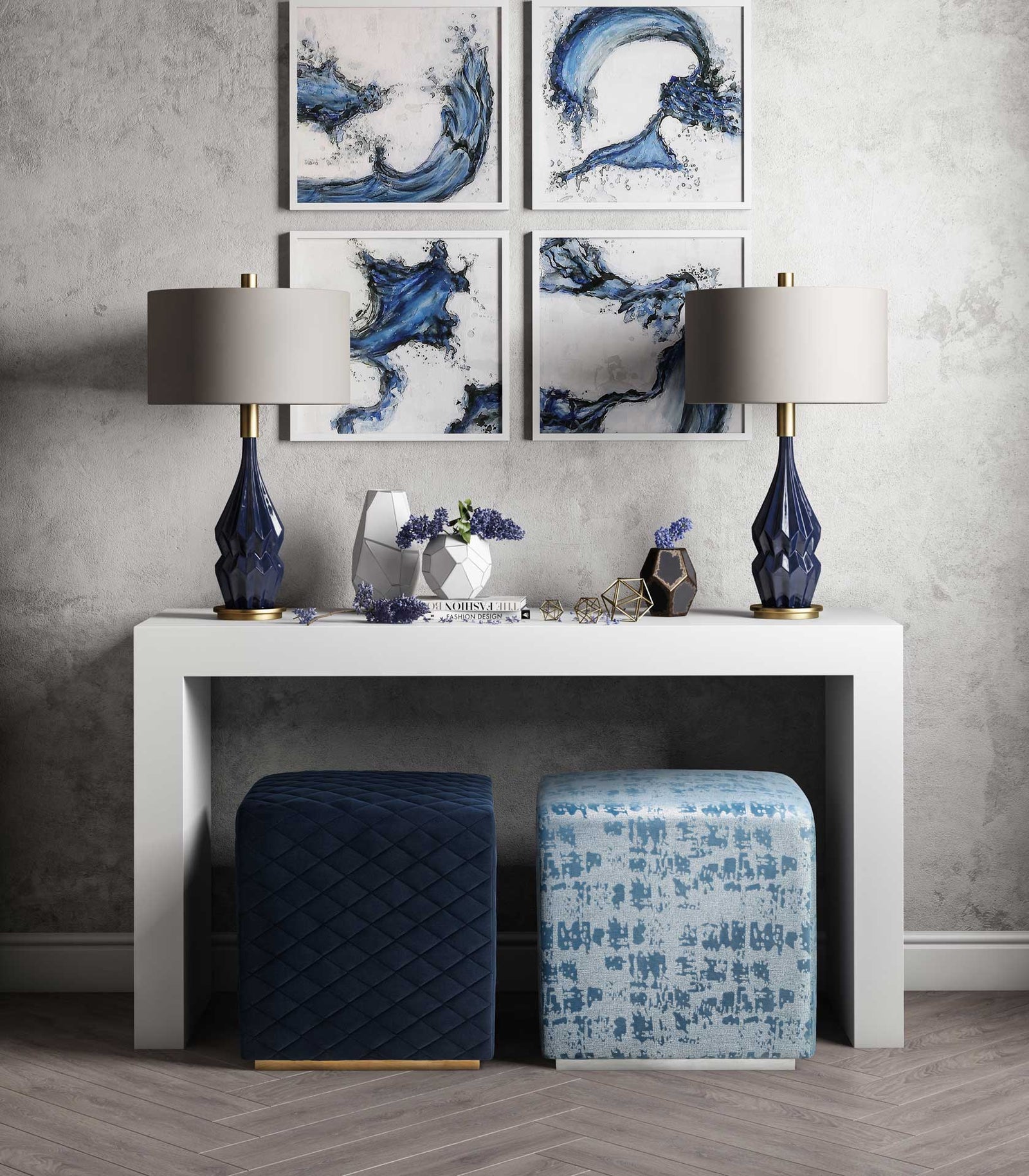 Kefton Textured Velvet Ottoman Blue