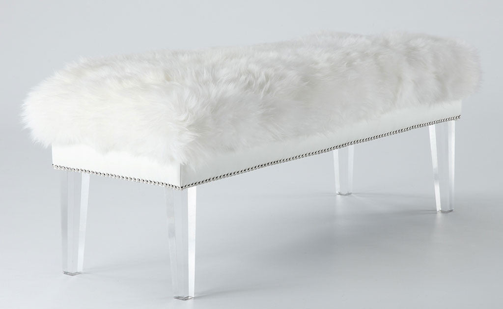 Luke White Sheepskin Lucite Bench