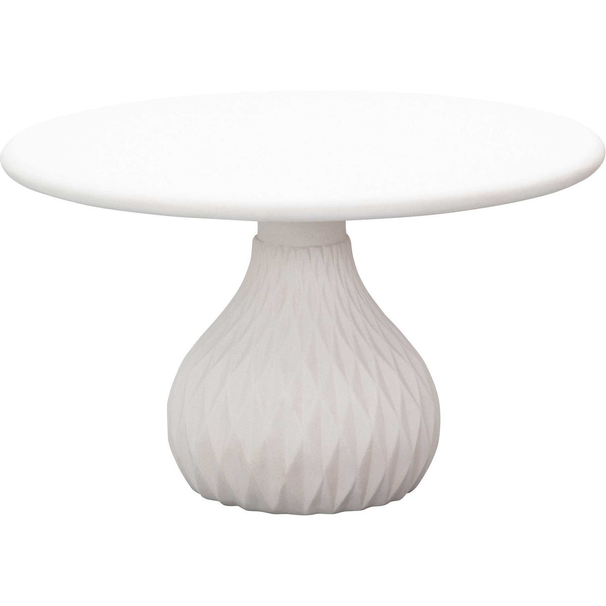 Ivory concrete coffee table with a round top and a sculptural diamond-patterned pedestal || TOV-O44144 || front_angle_studio