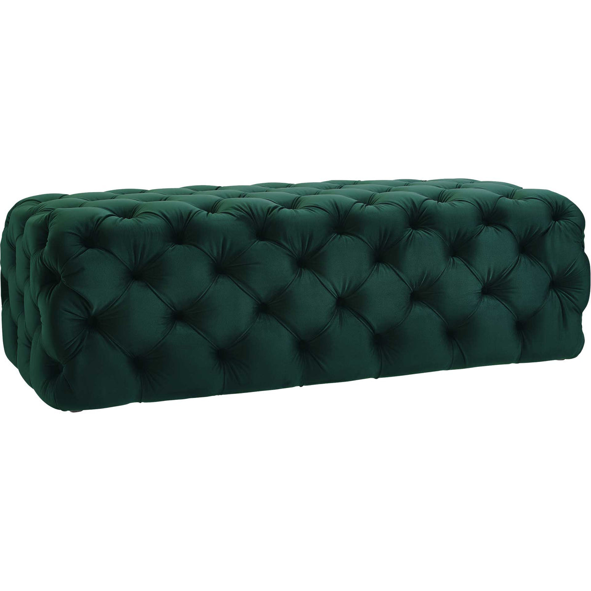 Rich green velvet and deep diamond tufting bring bold color and plush texture to this rectangular ottoman. || TOV-O66 || front_angle_studio