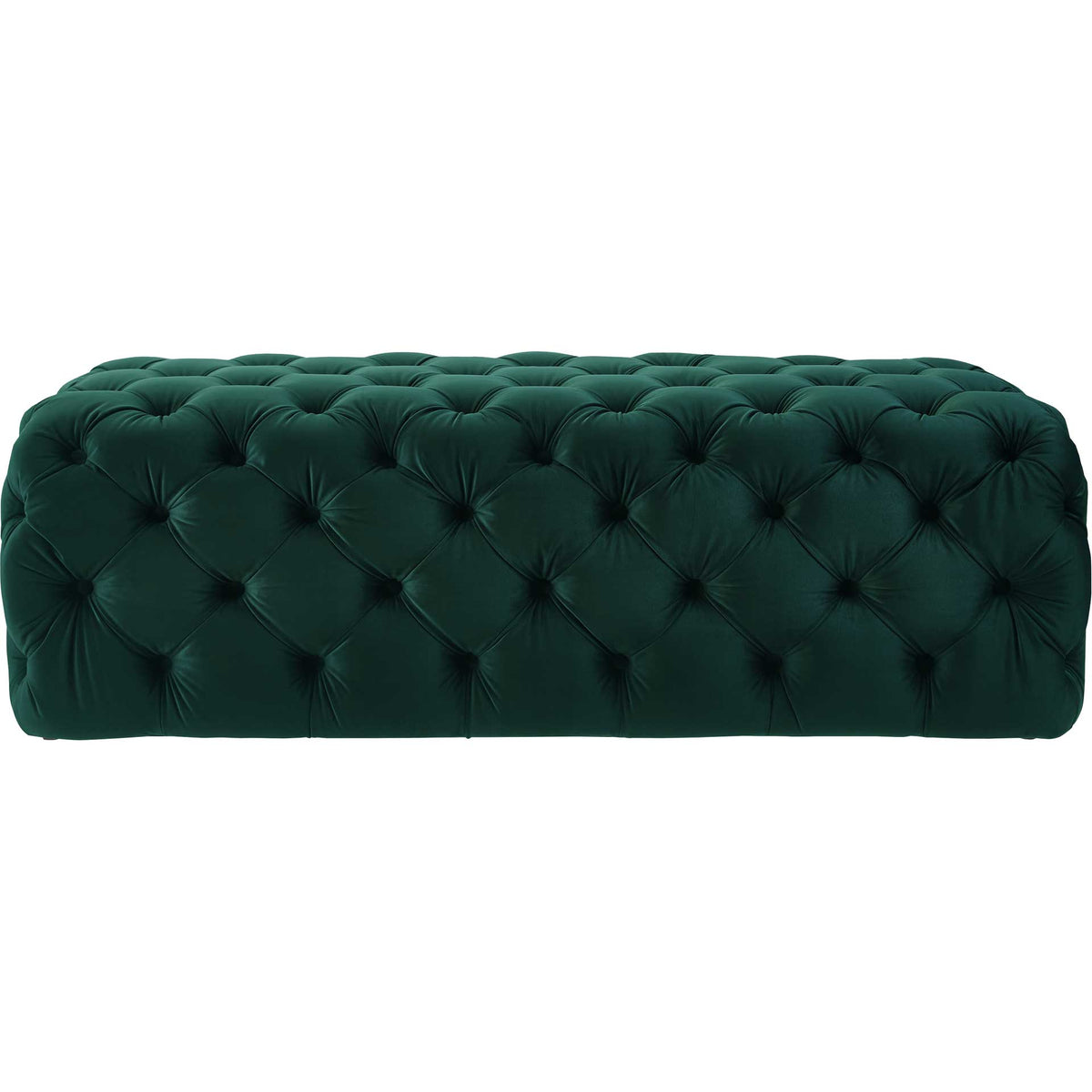 Rows of covered buttons lend timeless style to the green velvet ottoman's generously sized silhouette. || TOV-O66 || front_studio