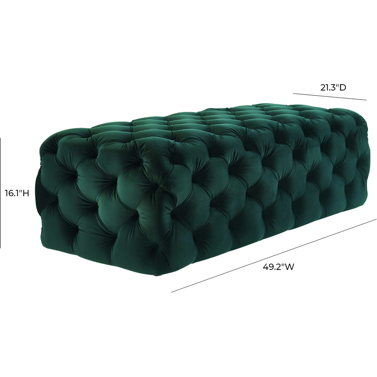 This green velvet ottoman measures 49.2 inches wide, 21.3 inches deep, and 16.1 inches high.