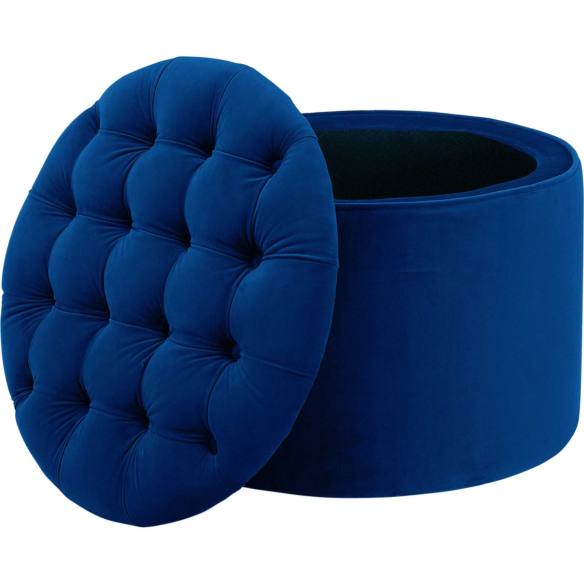 Lift the navy velvet lid to reveal hidden storage with a contrasting dark interior
