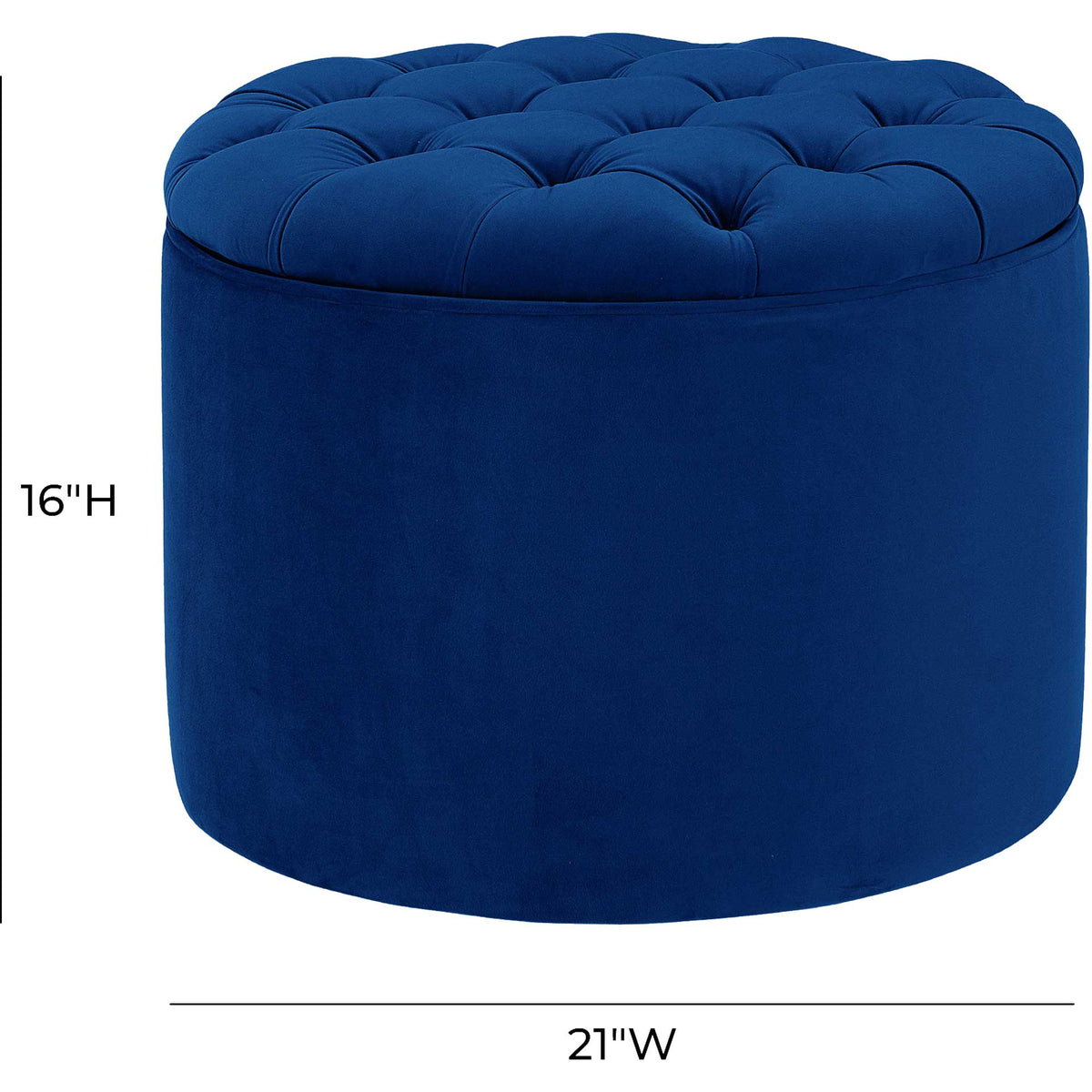The navy velvet ottoman combines a 21-inch width and 16-inch height with a plush tufted seat