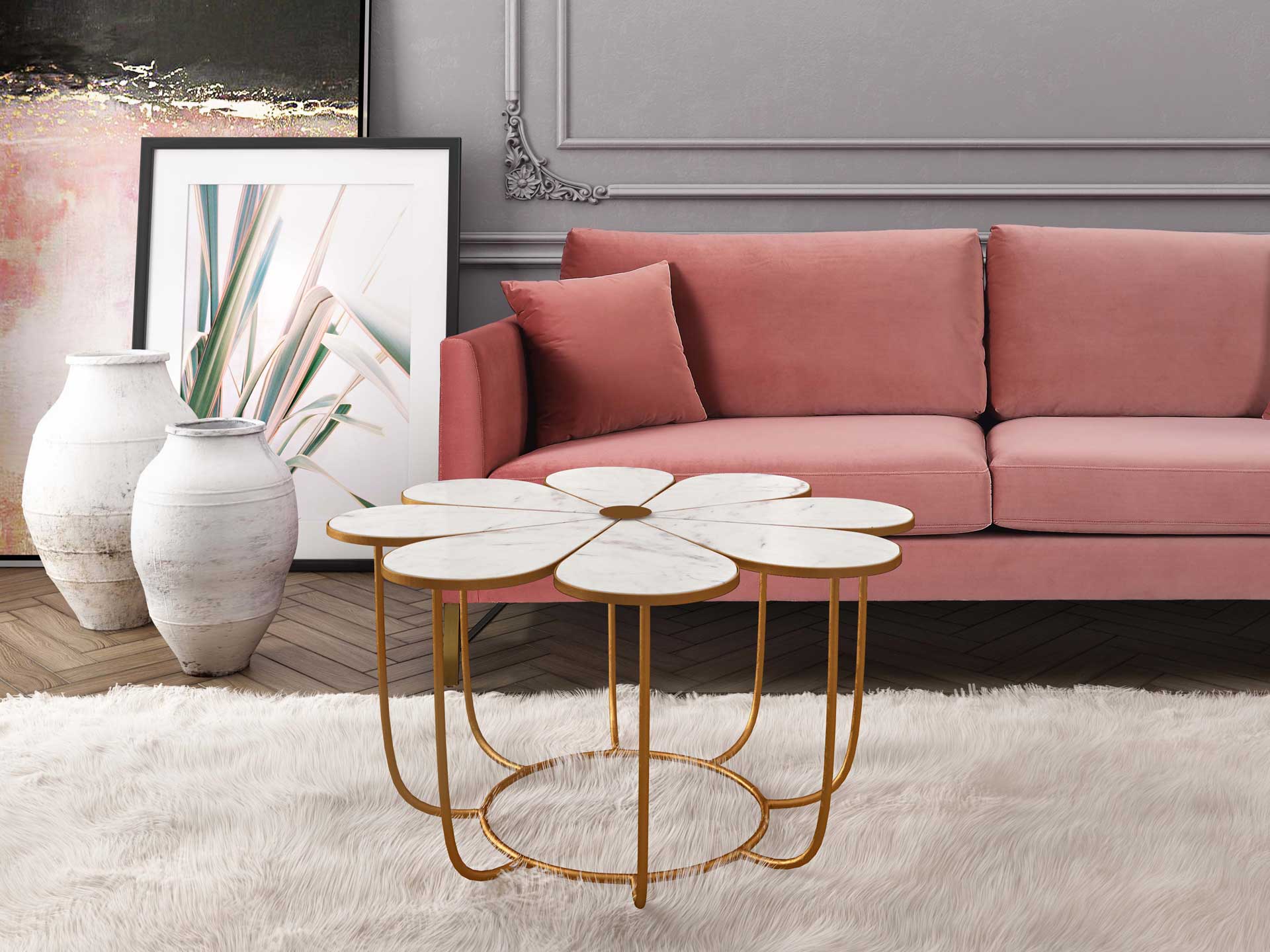 Floral Marble Cocktail Table White/Gold