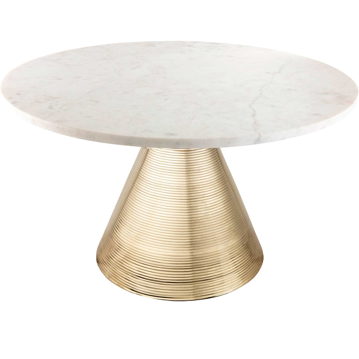A round white marble top rests on a gleaming gold conical base with fine horizontal grooves. || TOV-OC18128 || front_angle_studio