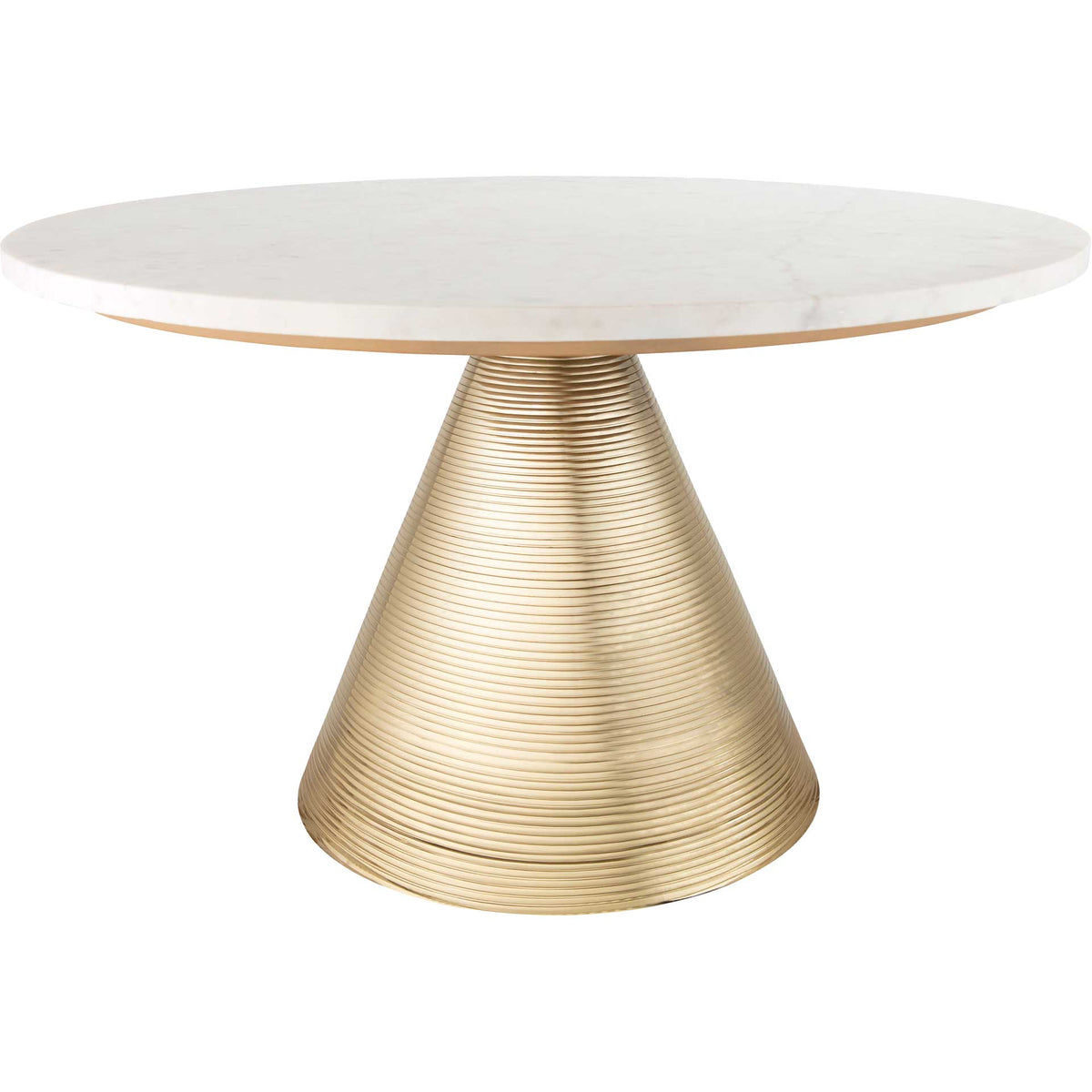 Smooth white marble and a tapered gold pedestal give this coffee table a sculptural silhouette. || TOV-OC18128 || front_studio