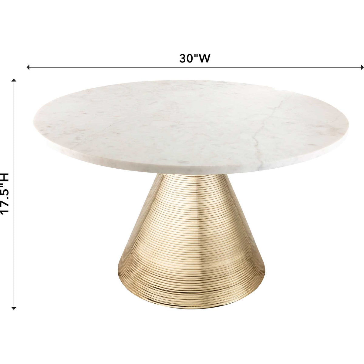 A 30-inch round marble top and 17.5-inch height give this gold pedestal coffee table balanced proportions.