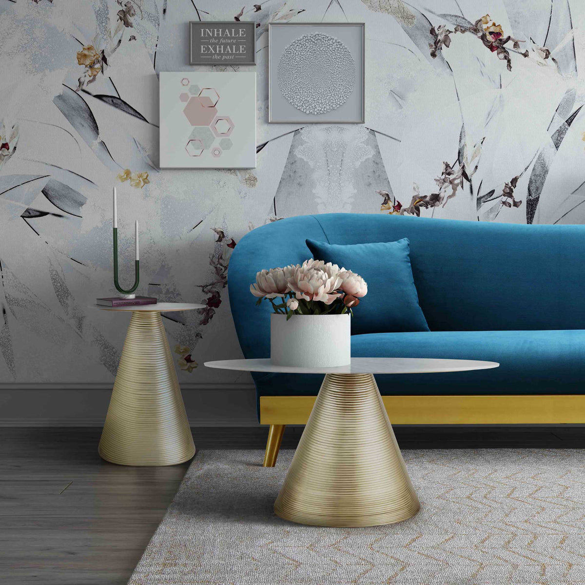 Coordinating white marble coffee and side tables bring gleaming gold pedestal bases to the living room.