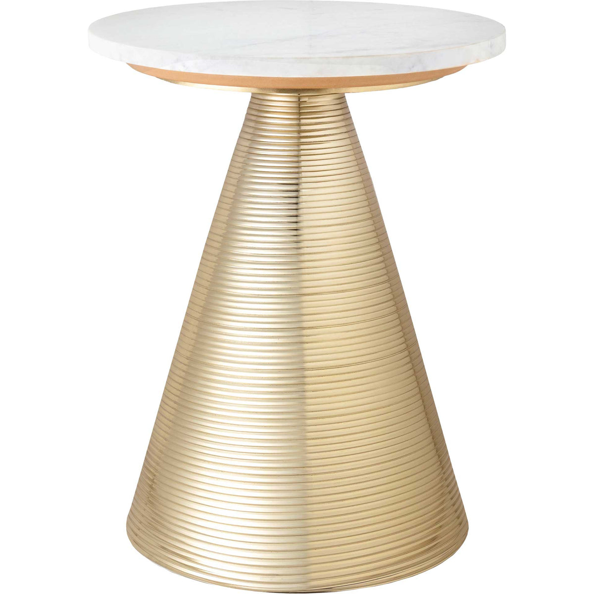 A polished white marble top balances a flared gold pedestal for a refined side table. || TOV-OC18129 || front_studio