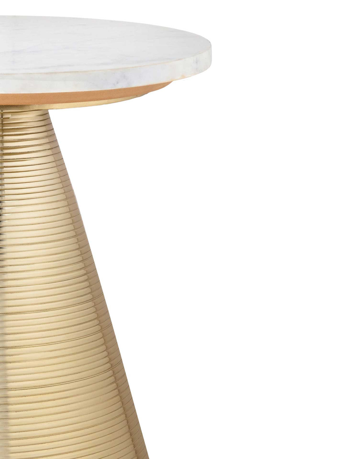 Fine horizontal grooves lend the gold pedestal rich texture beneath the smooth marble top.