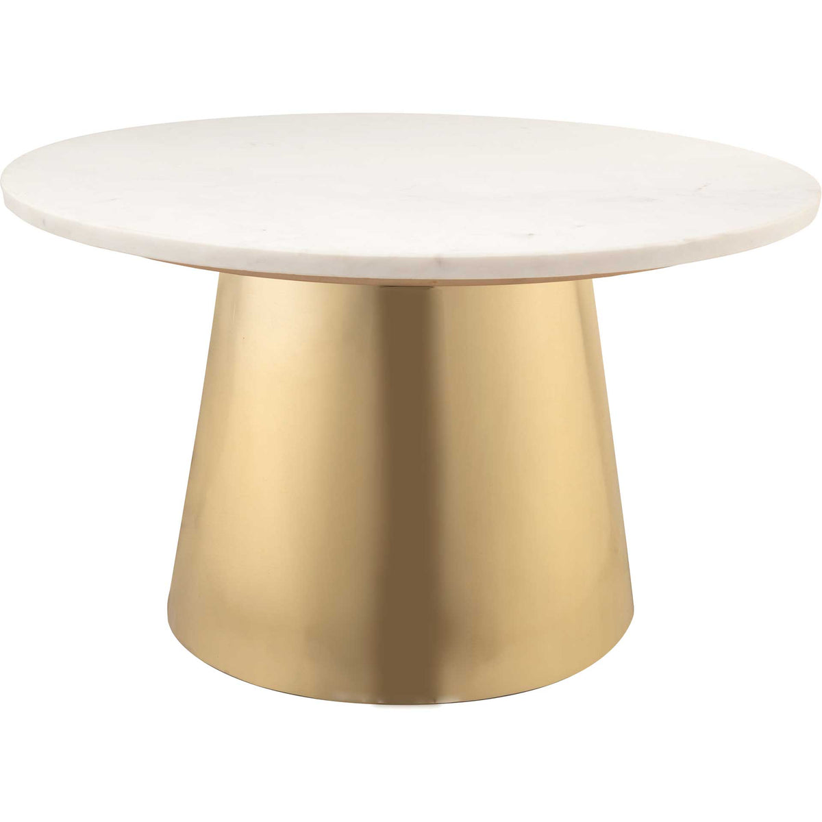 A round white marble top and brushed gold pedestal create a glamorous coffee table || TOV-OC18134 || front_angle_studio