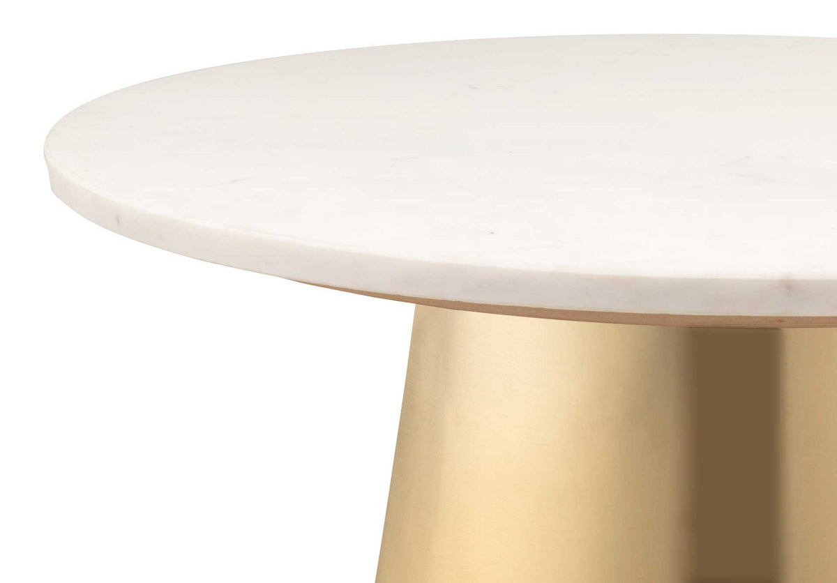Subtle veining and a smooth marble edge complement the brushed gold base
