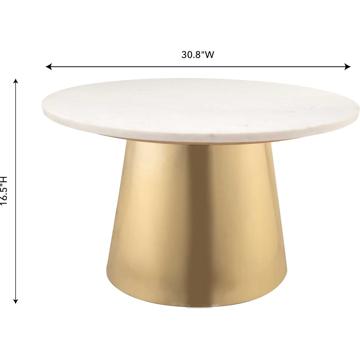 A 30.8-inch-wide white marble coffee table stands 16.5 inches tall on a gold pedestal