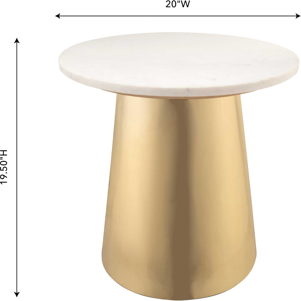 A 20-inch round marble top and 19.5-inch height give this gold side table a compact footprint