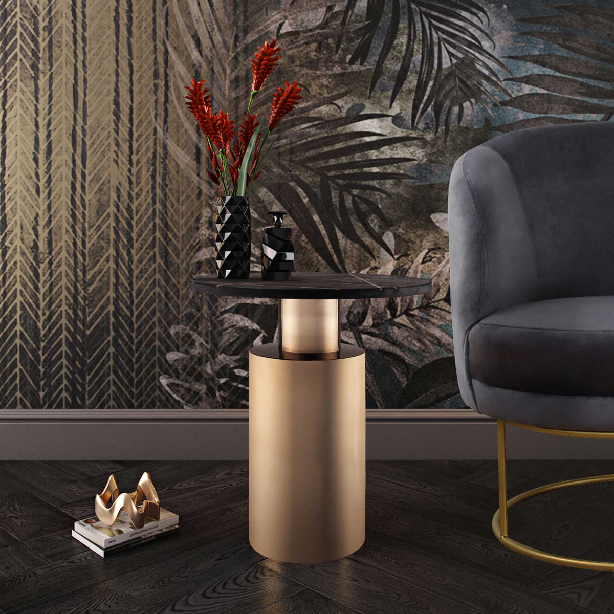 Terrence Marble Side Table Black Marble/Brass