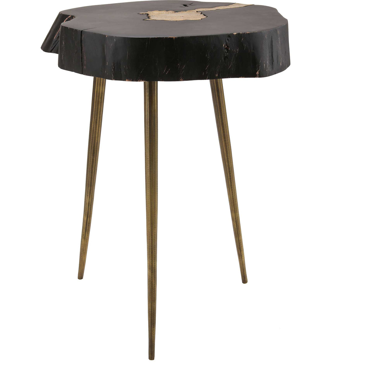 A thick, natural-edge black wood top rests on a tapered brass-tone tripod base || TOV-OC18169 || front_studio