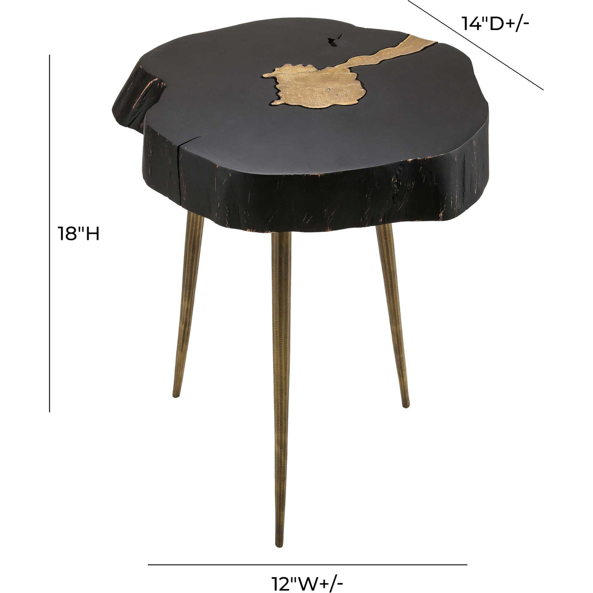 Black and brass-tone side table stands 18 inches tall with an approximately 12-by-14-inch top