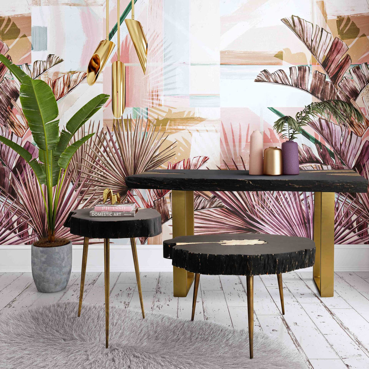 Black wood and warm brass-tone legs bring rustic elegance to a vibrant living space