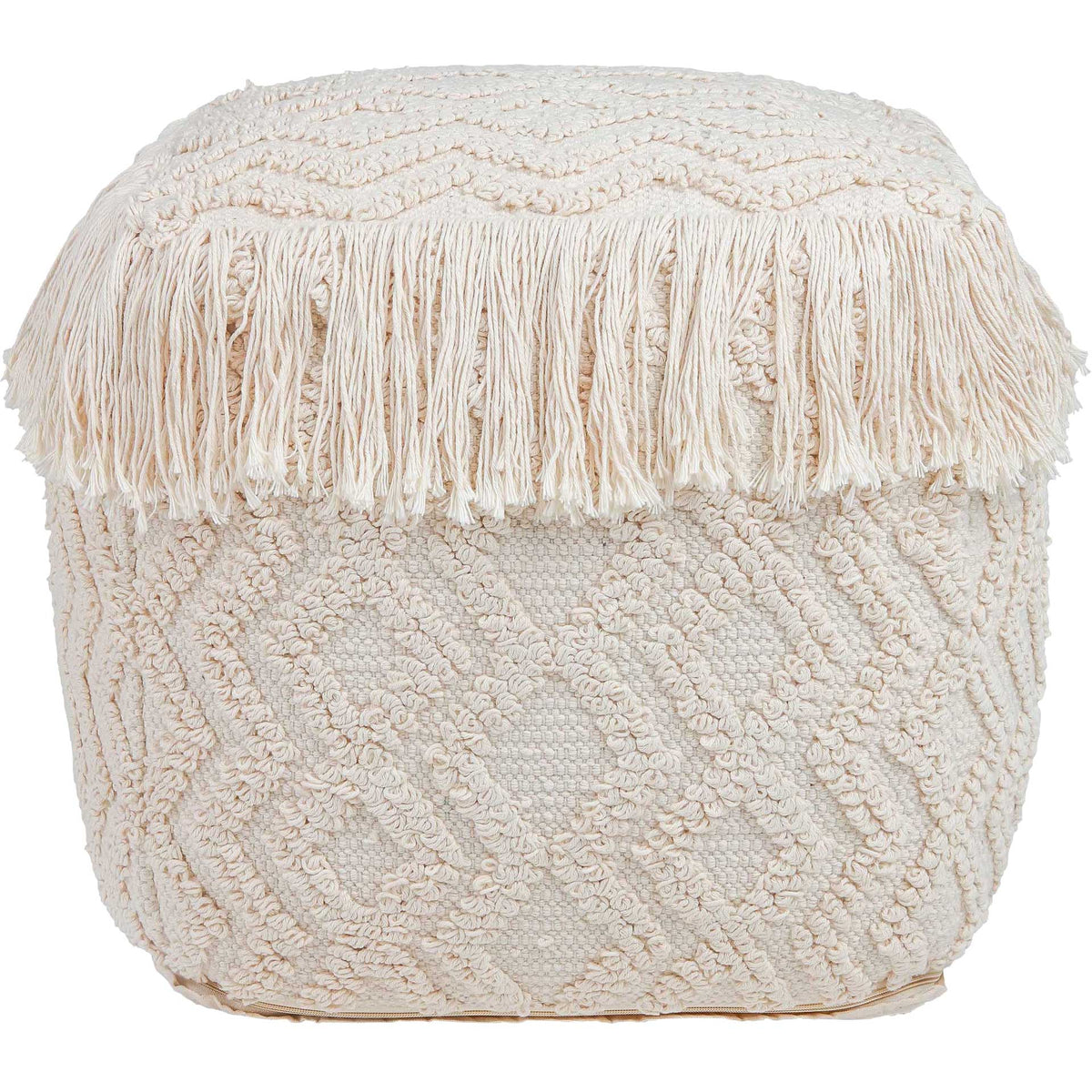 Cream cotton, textured diamond patterns, and tasseled edges give this cube pouf a cozy feel. || TOV-OC18187 || front_studio