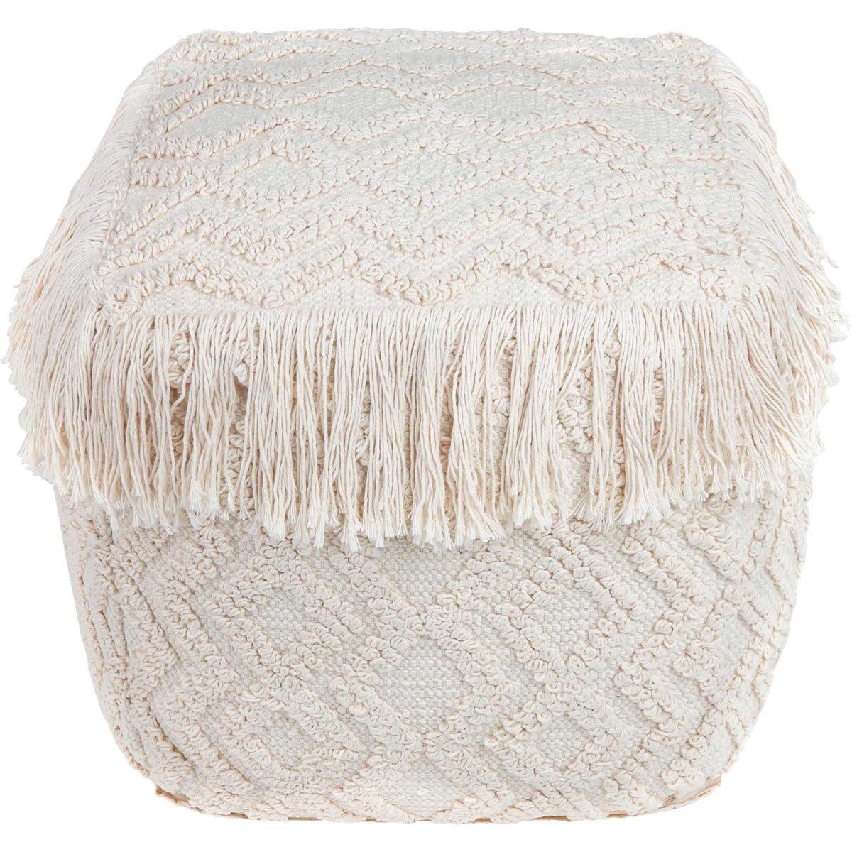 A cream cotton pouf with raised geometric texture and long fringe adds soft, inviting style. || TOV-OC18187 || front_angle_studio
