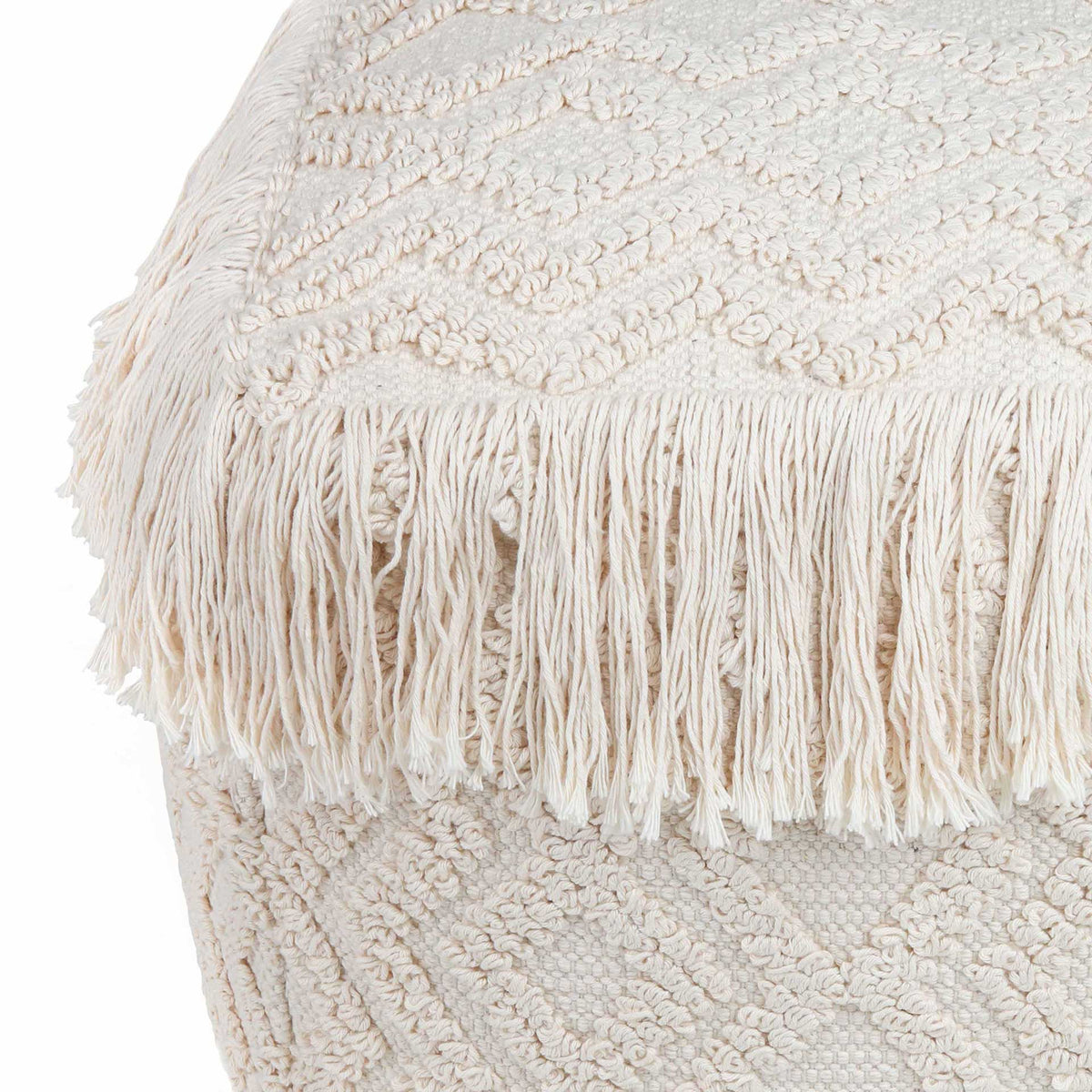 Long cream fringe and raised cotton loops add rich texture to the pouf's geometric design.