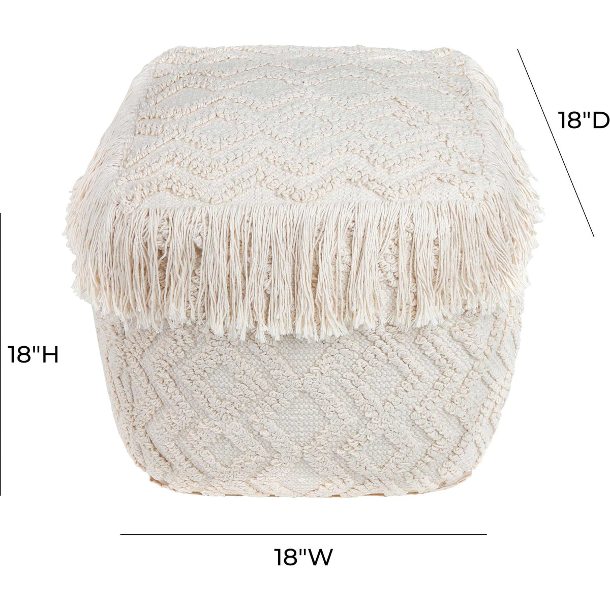 An 18-inch cream cotton pouf offers a compact spot for extra seating or resting your feet.