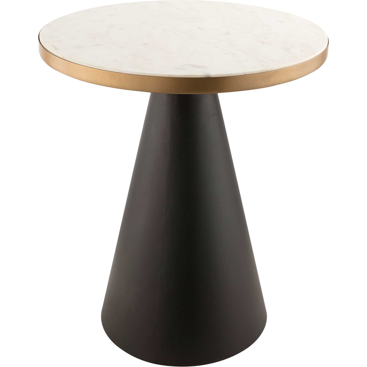 A round white marble top with a gold-tone rim crowns a sculptural black conical base || TOV-OC18195 || front_angle_studio