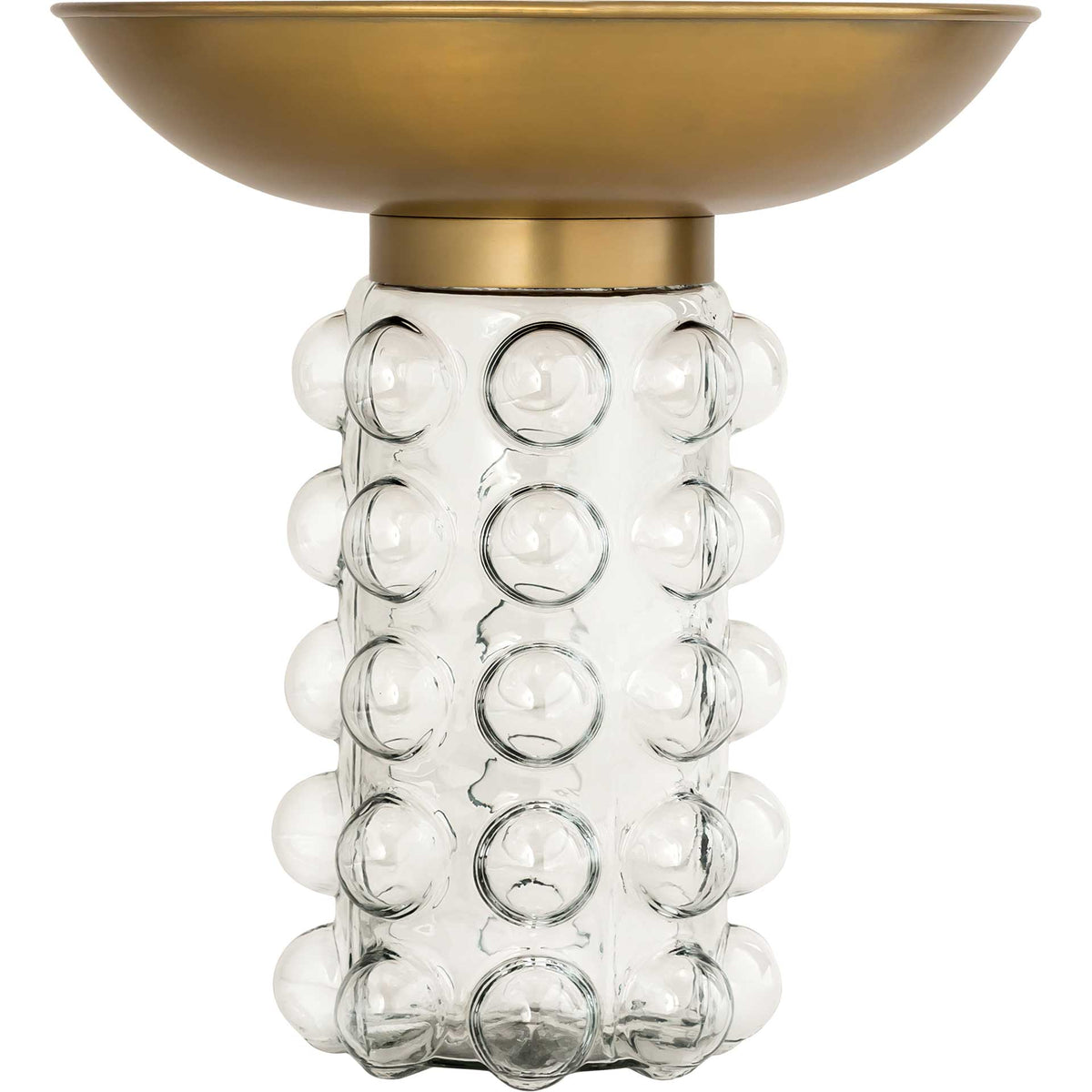 A cylindrical clear glass pedestal with rows of raised bubbles supports an antique brass-finished top || TOV-OC18229 || front_studio