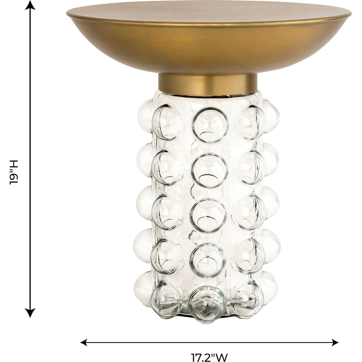At 17.2 inches wide and 19 inches high, this compact side table pairs a round top with a clear glass base