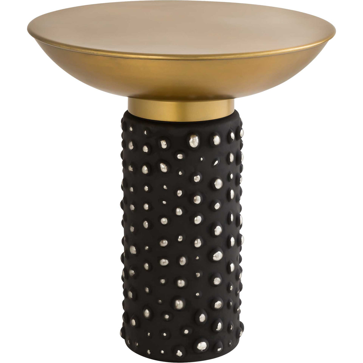 A round antique brass top crowns a black glass bubble pedestal for a striking sculptural side table. || TOV-OC18230 || front_angle_studio