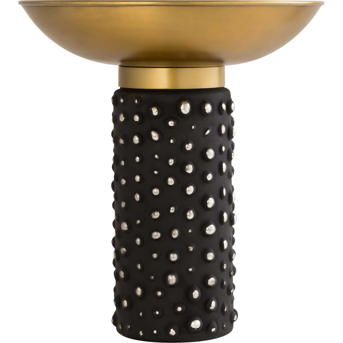 A brass collar joins a shallow round top to a tall black pedestal with gleaming bubble accents. || TOV-OC18230 || front_studio