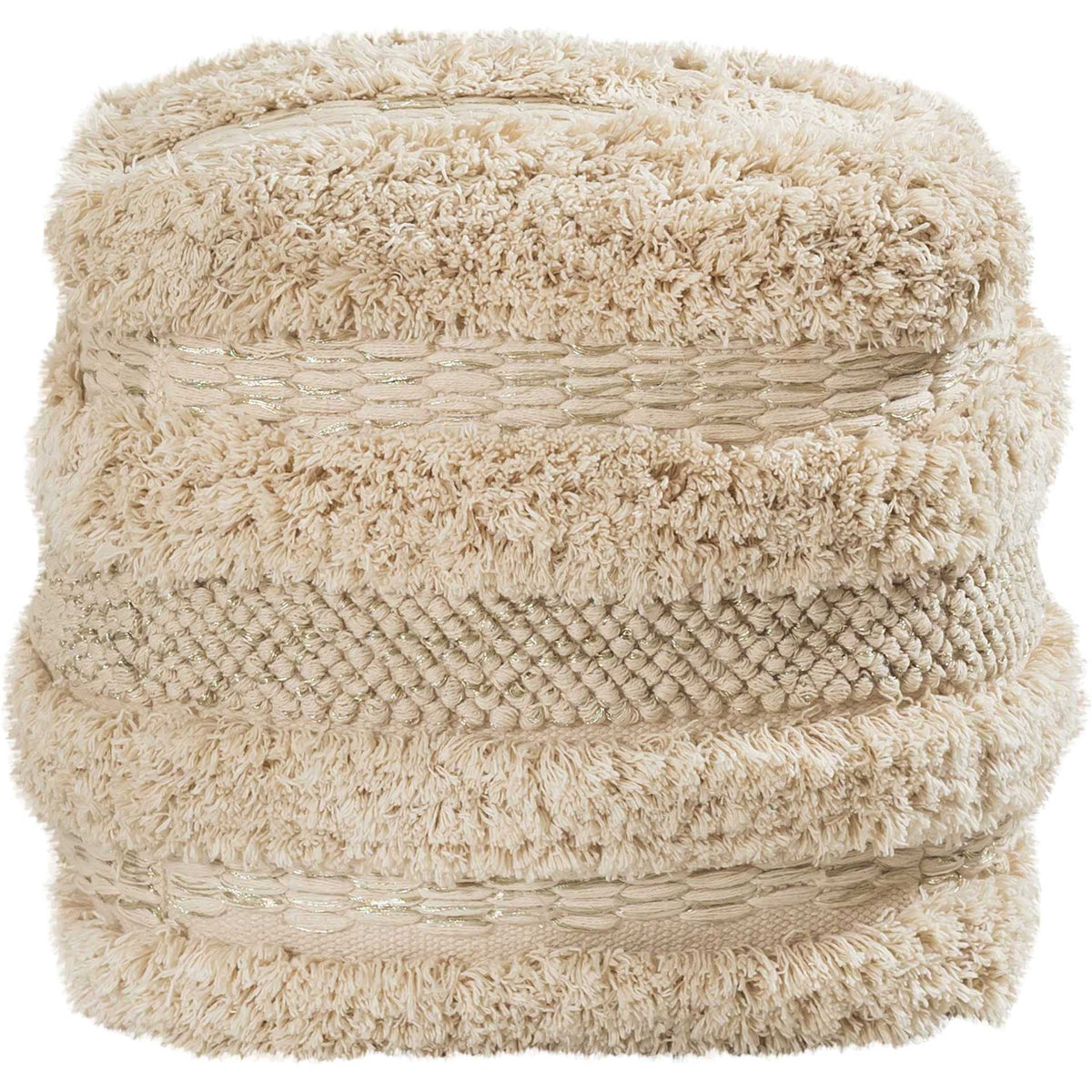 Layered fringe and textured cotton give this neutral cube pouf an inviting, boho-inspired look || TOV-OC18252 || front_studio