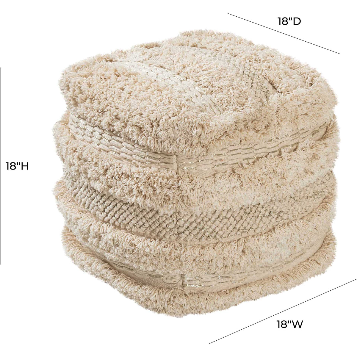 An 18-inch beige cotton pouf offers a compact cube shape with plush, handwoven texture