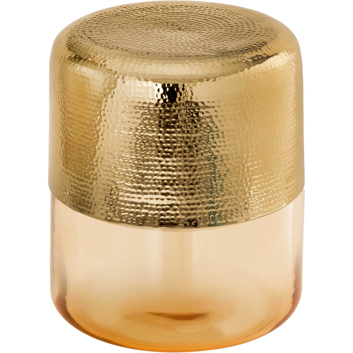 Hand-hammered gold-finished aluminum and translucent amber glass create a warm, sculptural side table. || TOV-OC18278 || front_angle_studio