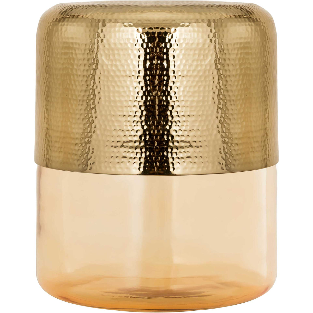 A rounded drum silhouette pairs a gleaming gold upper half with a translucent amber glass base. || TOV-OC18278 || front_studio