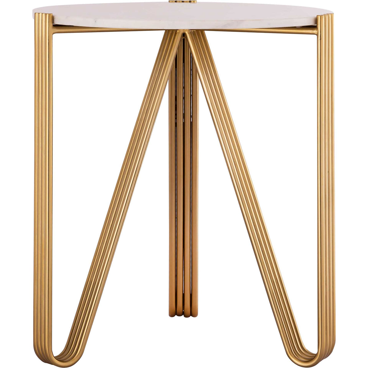 Sweeping gold iron legs form graceful curves beneath a slim, round white marble top. || TOV-OC18317 || front_studio